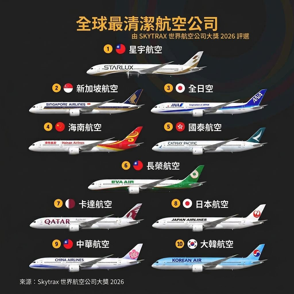 2026全球最乾淨航空公司排行榜:星宇航空奪冠,長榮、華航入榜